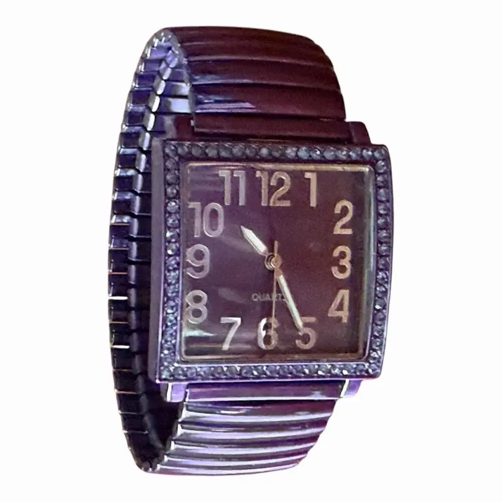 Avon Metallic Purple Stretch Band Rhinestone Bracelet Watch Rectangular Quartz